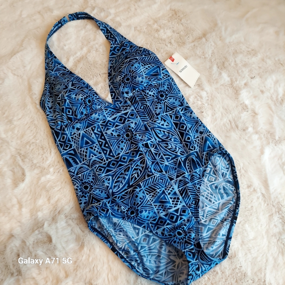 NWT Speedo Halter Tank Bathing Suit Blue Black  Print Sz 16